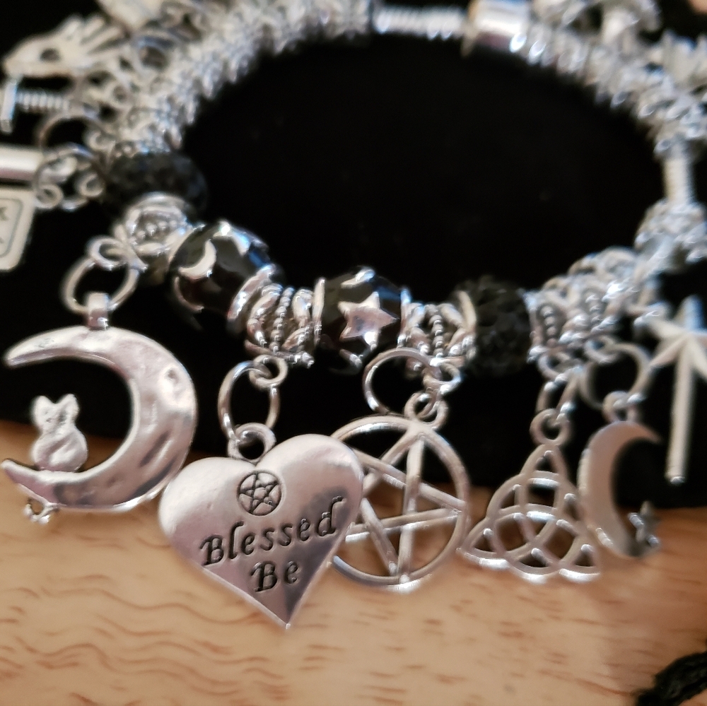 Black Blessed Be Charm Bracelet Wiccan Jewelry